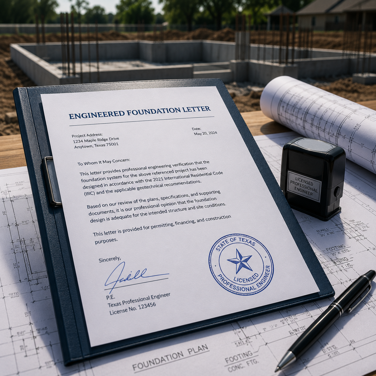 Engineer’s foundation letter on clipboard with architectural plans, a stamp, a pen, and a construction site in the background.