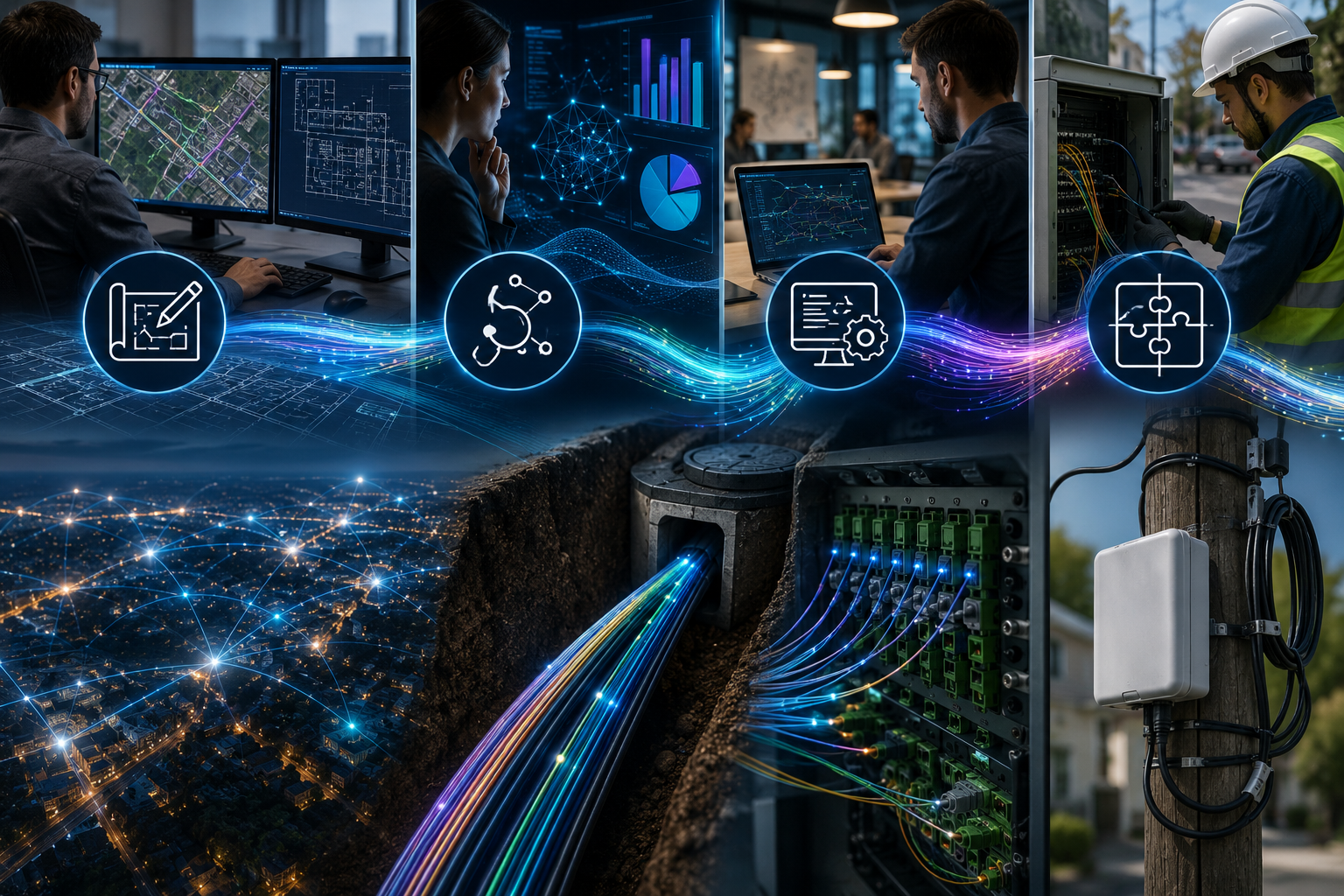 A collage showing engineers working on computer screens with data visualizations, technical drawings, and network diagrams, alongside infrastructure for telecommunications and technology, including fiber optic cables and electronic equipment and icons representing planning, analysis, data connection, software development, and collaborative problem-solving.