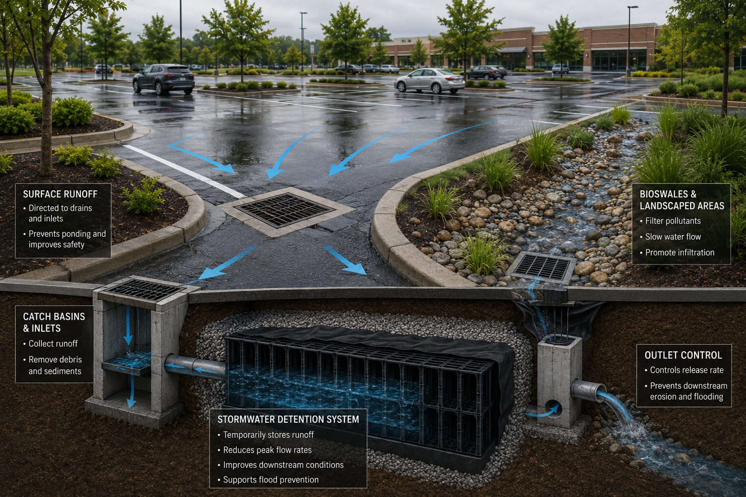 Diagram of an urban stormwater management system showing surface runoff directed to drains and landscaped areas, catch basins collecting debris, stormwater detention system reducing peak flow, and outlet control regulating water release, with annotations describing their functions.