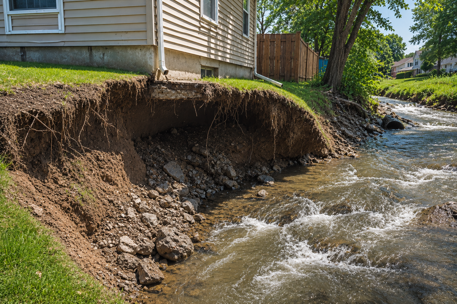 Edge of a house with exposed soil and rocks, adjacent to a flowing creek with trees and neighboring houses in the background.