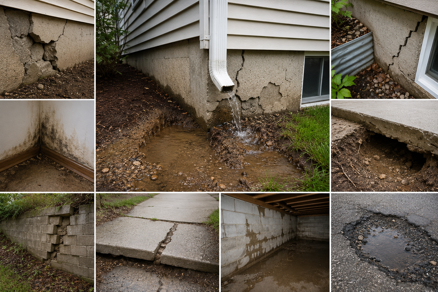 Collage of images showing foundation damage, including cracked concrete, warped paving, and water pooling around a house's basement or crawl space.