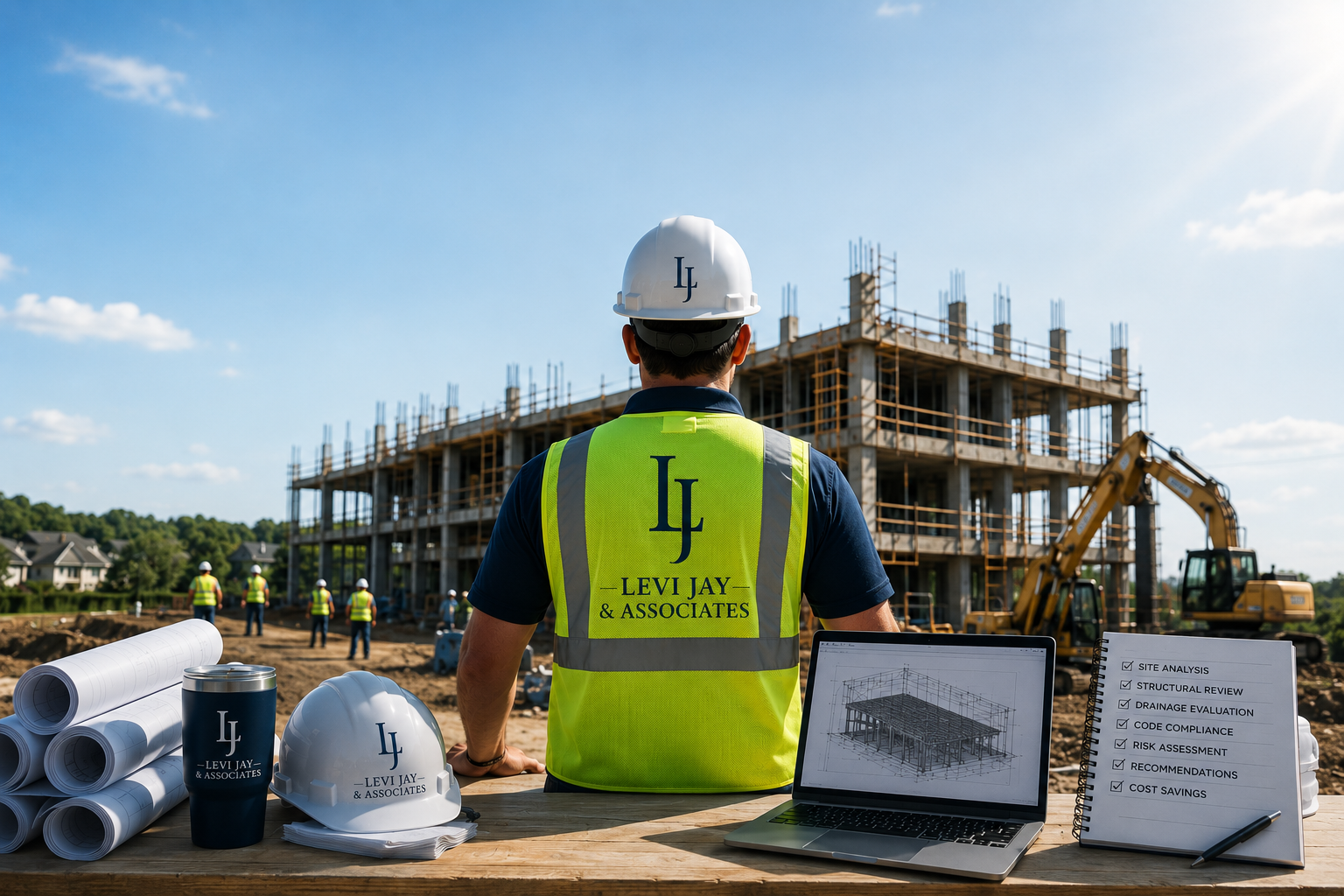 Construction site with workers, one in foreground wearing safety vest and hard hat labeled 'Levi Jay & Associates', overseeing a building under construction with scaffolding and machinery, blue sky.