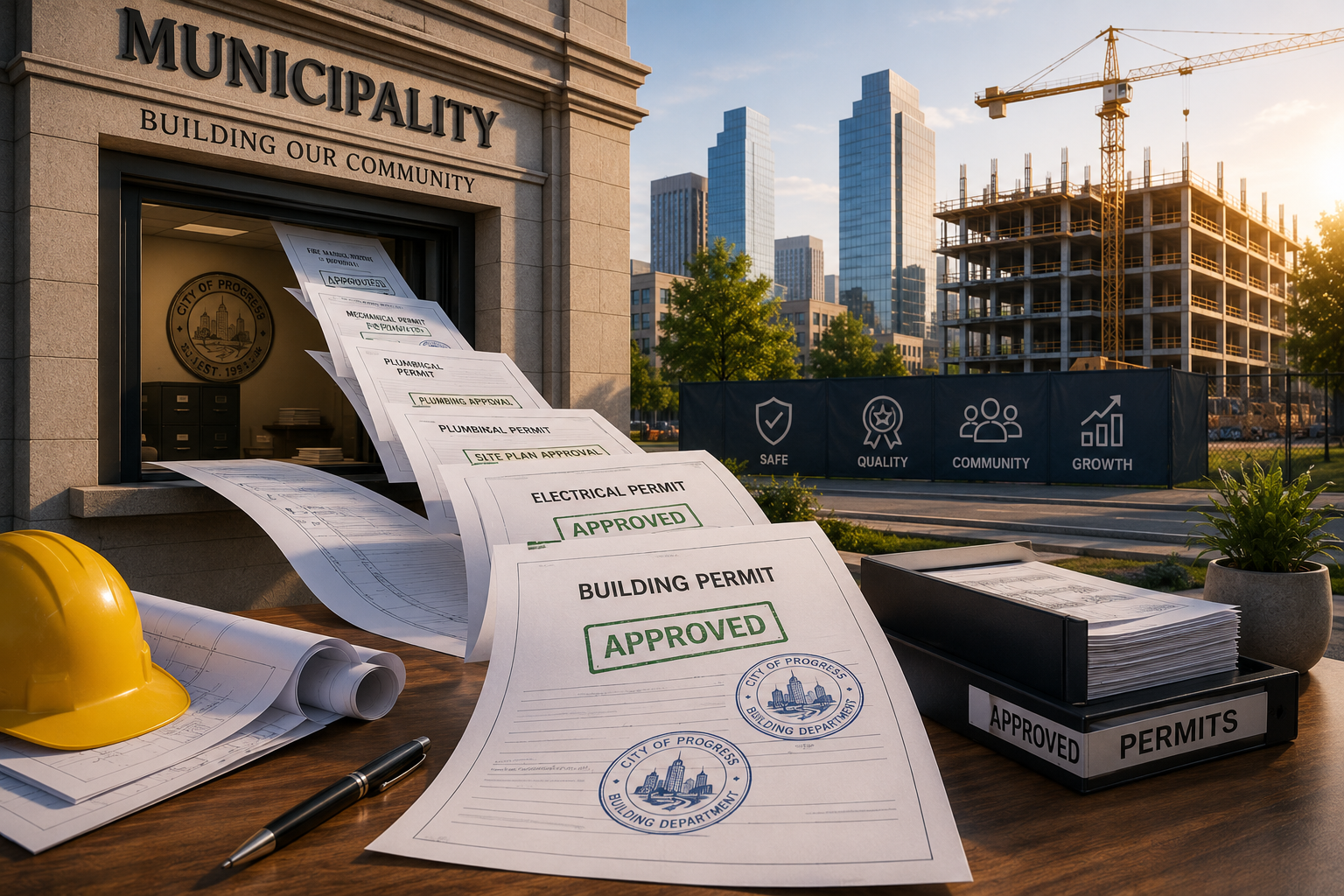 Construction permits and plans on a desk outside a municipal building with ongoing construction in the background, including a crane and partially built structure, during sunset.