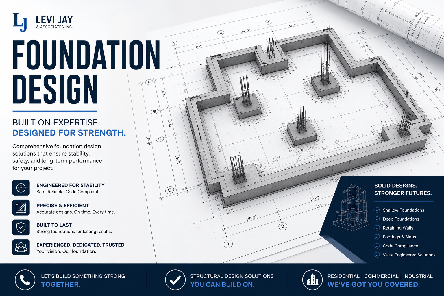 Blueprint of a building foundation with labeled measurements and vertical reinforcement bars, accompanied by text promoting foundation design services.