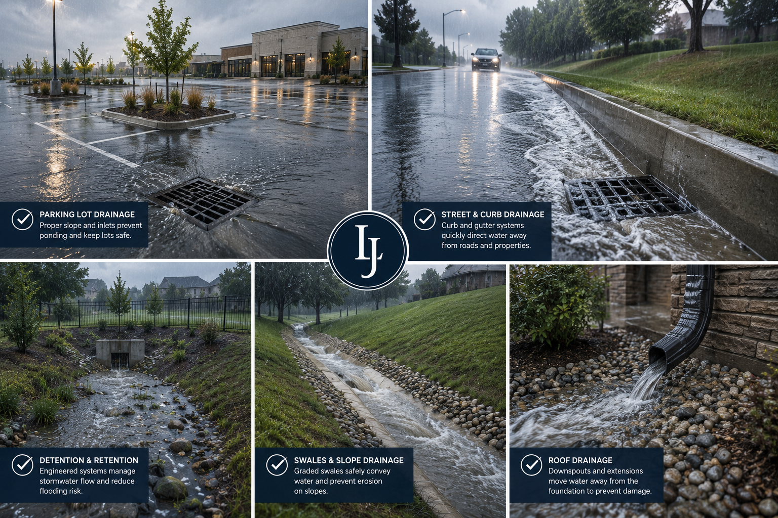 Images illustrating various rainwater drainage systems. Top left shows a parking lot drainage system with proper slopes and inlets. Top right depicts street and curb drainage with water runoff. Bottom left displays detention and retention systems managing stormwater flow. Bottom center shows swales and slope drainage to convey water safely. Bottom right features roof drainage with downspouts directing water away from building foundations.