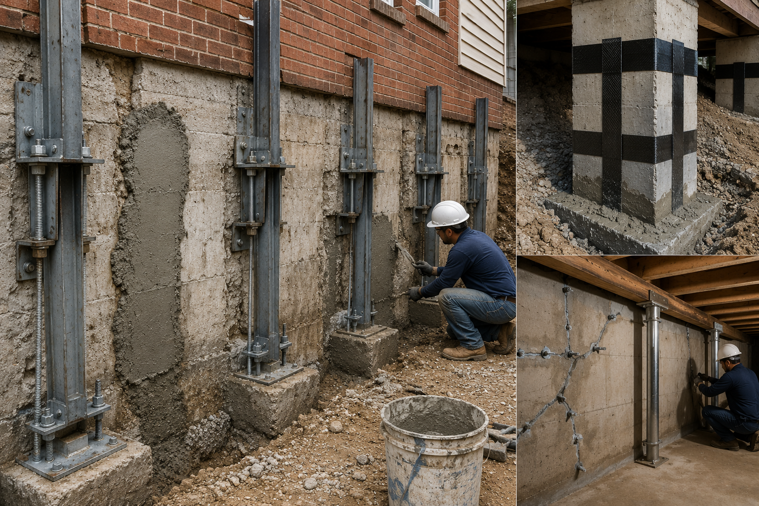 A construction worker wearing a white safety helmet and blue shirt kneels down working on a concrete wall with metal support beams. There are three smaller inset images showing a concrete foundation with black tape markings, a concrete wall with rebar mesh, and a close-up of metal supports around a wooden ceiling.