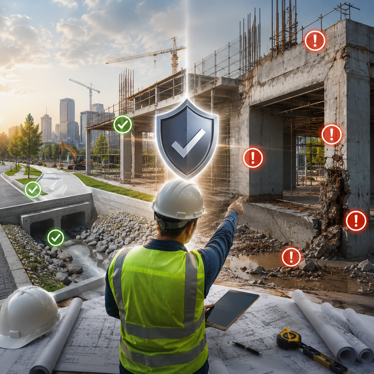 Construction site with safety and structural inspection, divided into safe and unsafe areas, featuring a worker in a hard hat and reflective vest pointing at the unsafe section.