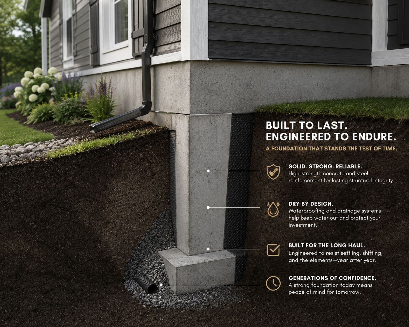 Close-up photo of the foundation of a house with annotations highlighting features like high-strength concrete reinforcement, waterproofing drainage system, and long-lasting construction, with well-kept lawn and flowers on the side.