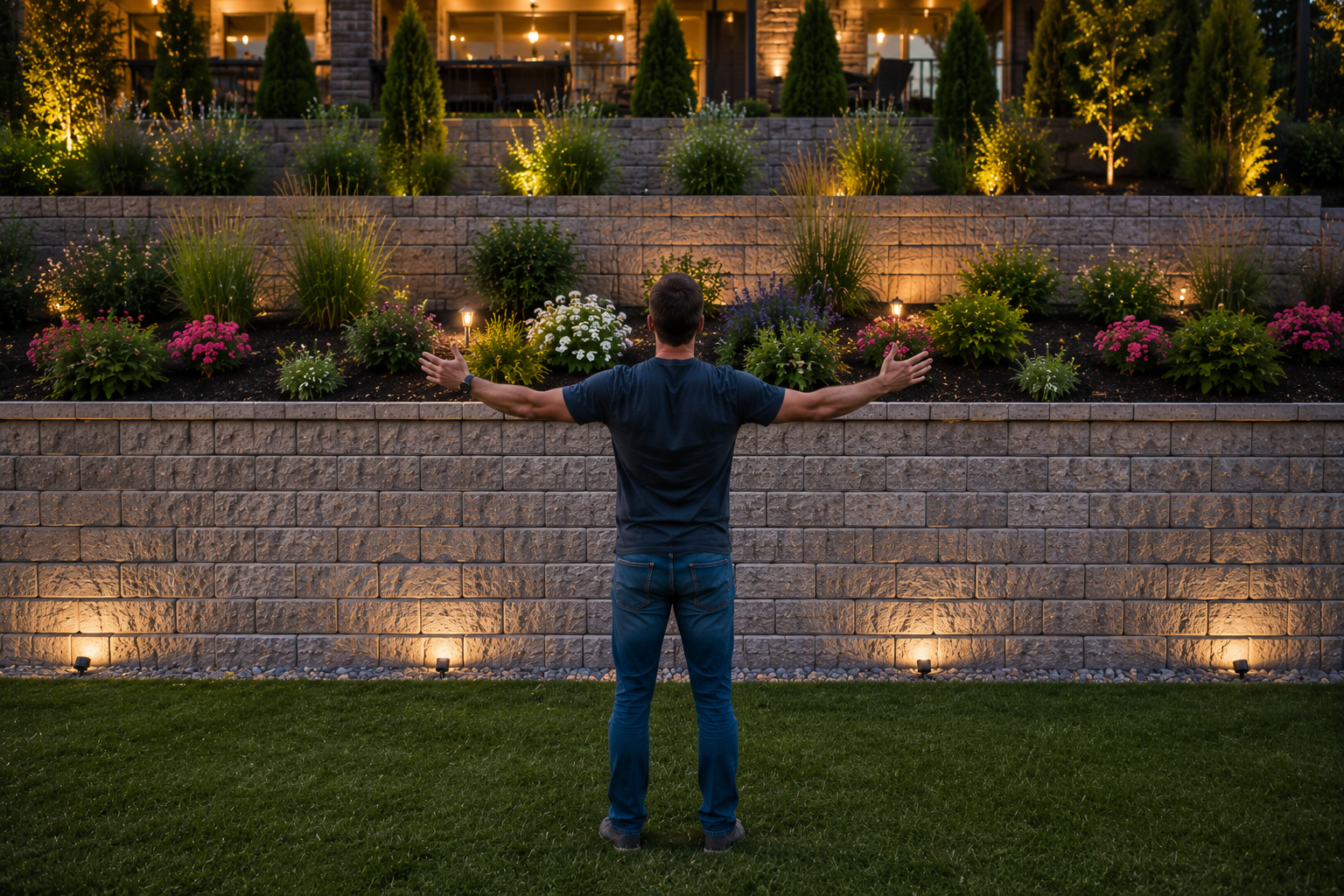 A man standing in front of a tiered landscaped garden with flowers and bushes lit by outdoor lighting at dusk. The man has his arms outstretched and faces away from the camera.