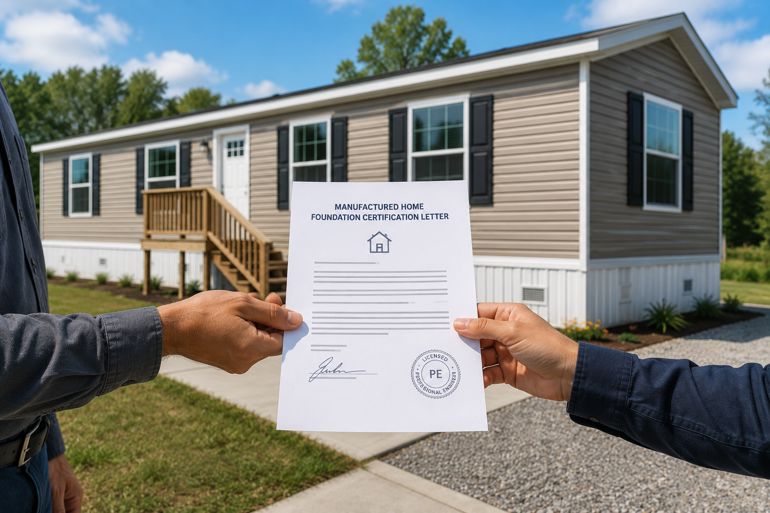 Two people are exchanging a foundation certification letter in front of a manufactured home on a sunny day with blue skies. The house has beige siding, black shutters, and a small wooden staircase leading to the front door.