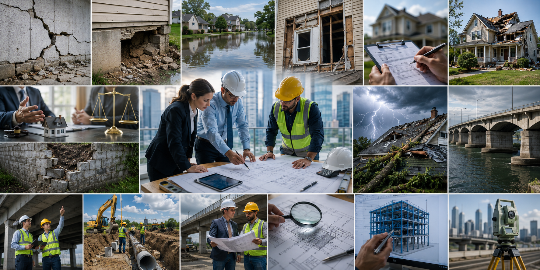 Multiple images related to construction, architecture, and natural disasters. Includes damaged buildings, flooded areas, construction workers, architects reviewing plans, engineering equipment, lightning strike on a house, and a city skyline with ongoing building projects.