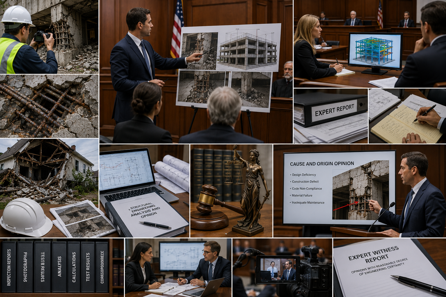 Multiple images depicting construction defect investigation, engineering analysis, and court proceedings. Includes scenes of damaged buildings, engineers reviewing construction plans and damage photos, a courtroom presentation on structural failure causes, and legal reports on engineering opinions.