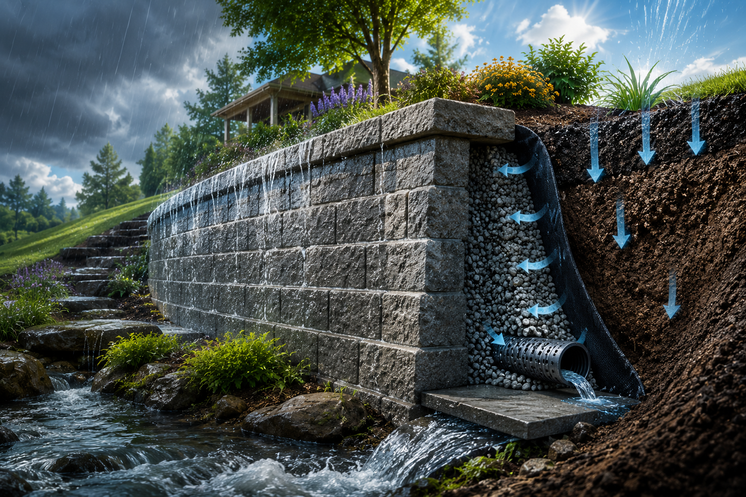 Cross-section illustration of a retaining wall with drainage system and water runoff, showing water flow through gravel and drainage pipe behind a stone wall, with rain and a cloudy sky overhead.