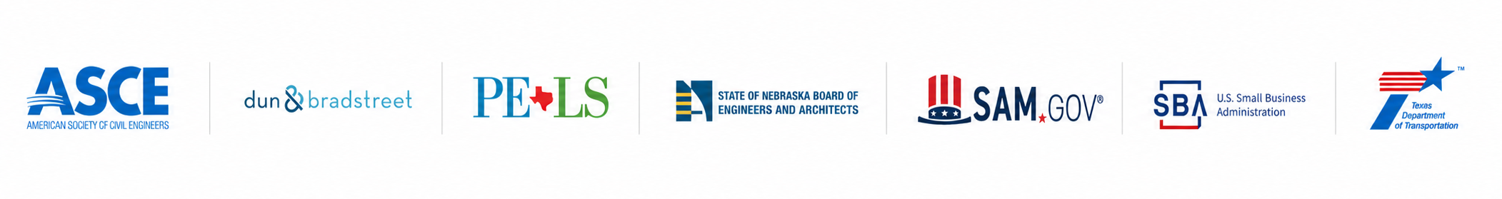 Logos of various engineering and governmental organizations, including ASCE, dun & bradstreet, PE LS, Nebraska Board of Engineers and Architects, SAM GOV, SBA, and Texas Department of Transportation.