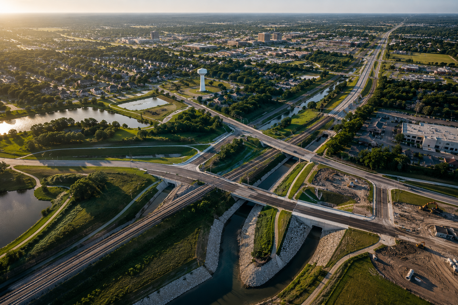 Aerial view of a city with highways, a water tower, lakes, green parks, residential neighborhoods, and construction sites during sunset.