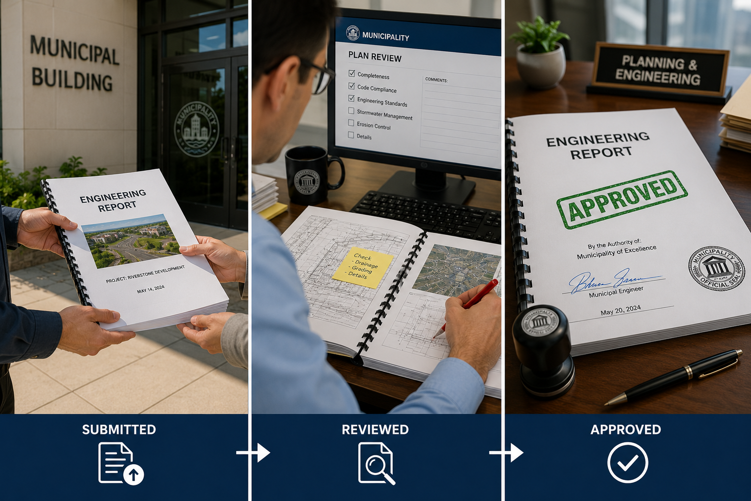 A three-panel sequence showing submission, review, and approval of a municipal engineering project. The first panel depicts two people exchanging a printed engineering report outside a municipal building. The second panel shows a person reviewing documents and a computer screen with a checklist for plan review. The third panel displays an approved engineering report with a green 'APPROVED' stamp, signed by a municipal engineer.