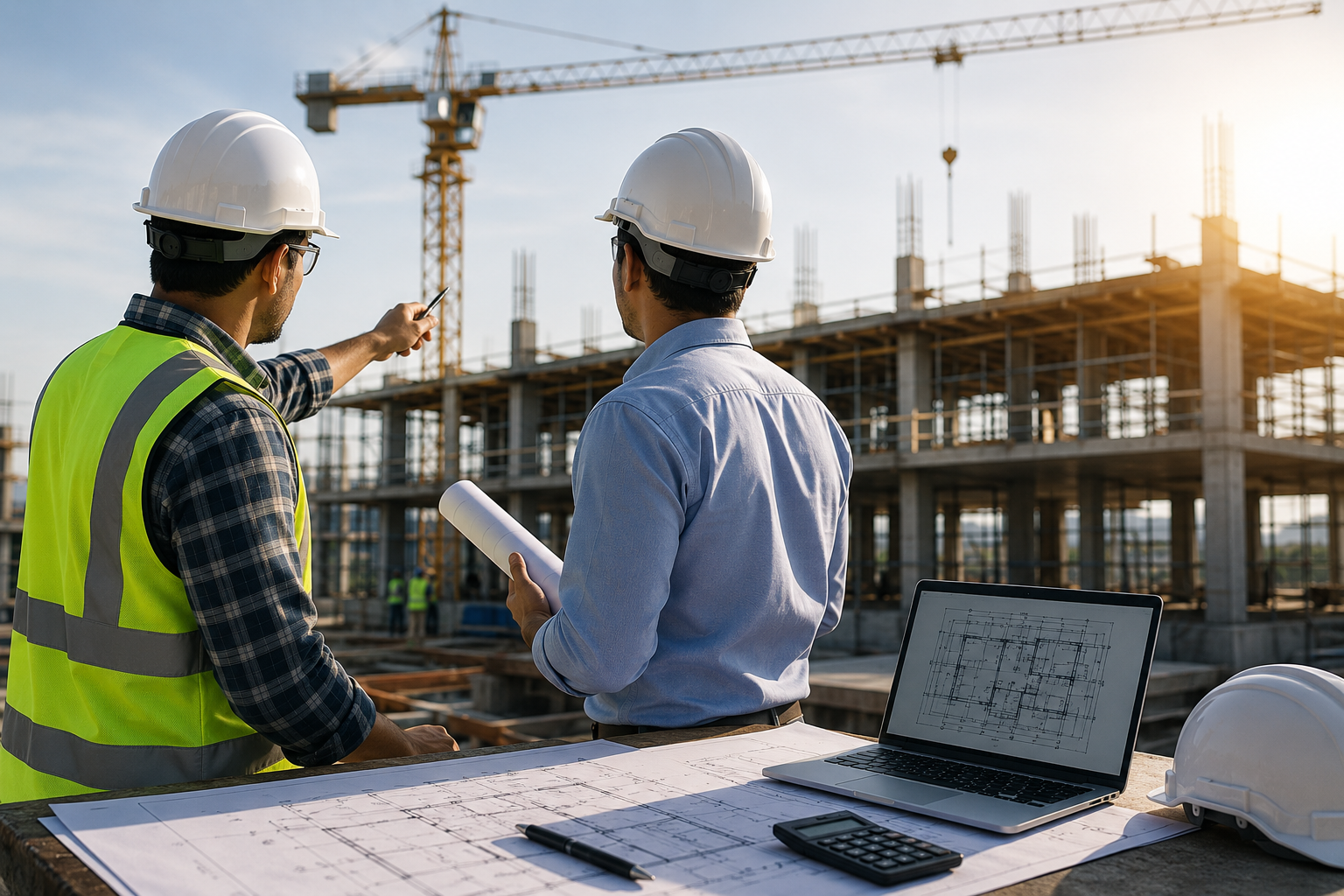 Two construction engineers wearing safety helmets and vests inspecting a building site with blueprints, a laptop, and a calculator on a table, with a crane and building under construction in the background.