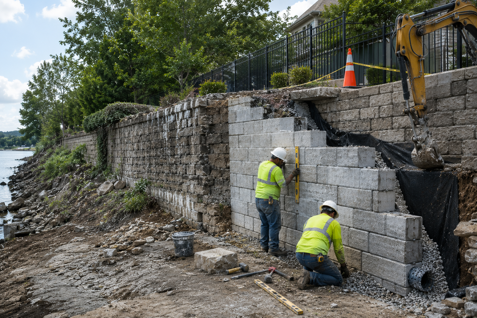 Construction workers building a retaining wall with concrete blocks along a riverside, with trees and a house in the background.