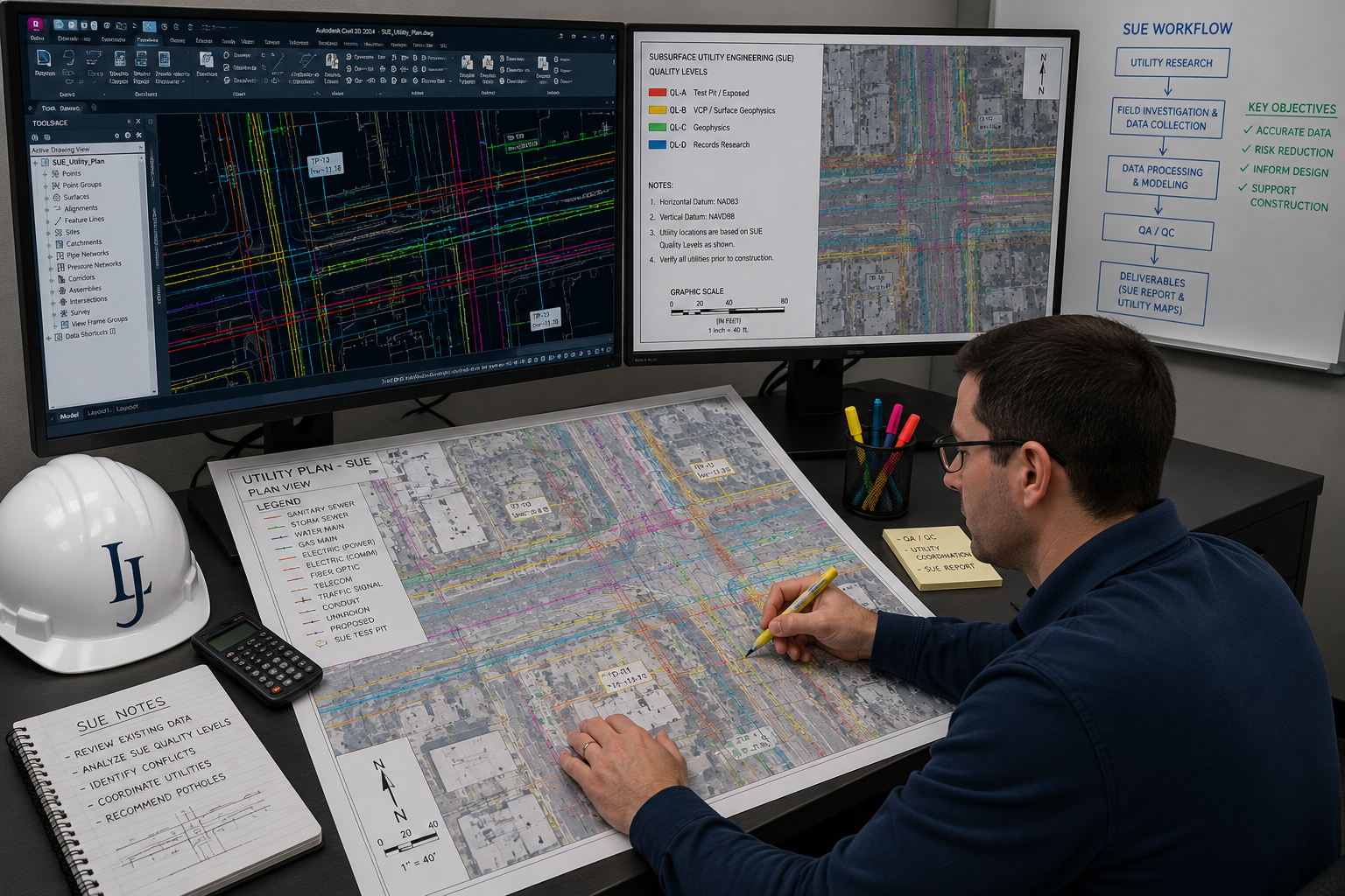 A man wearing glasses and a navy blue shirt working at a desk with a detailed utility plan and overlay maps, using a pen to make notes on the plan. Two large monitors display technical drawings and maps related to utility engineering.