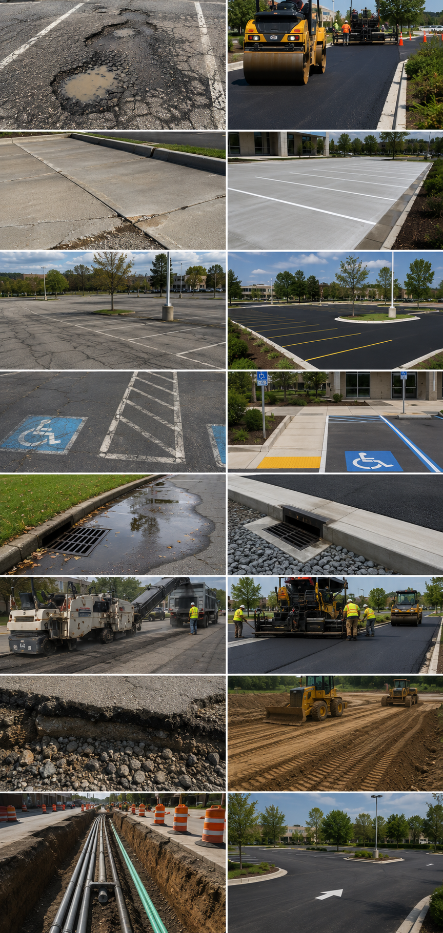A collage showing asphalt repair, road paving, parking lot painting, wheelchair accessible parking spaces, storm drain maintenance, road construction with heavy machinery, underground utility pipe installation, and new parking lot paving.