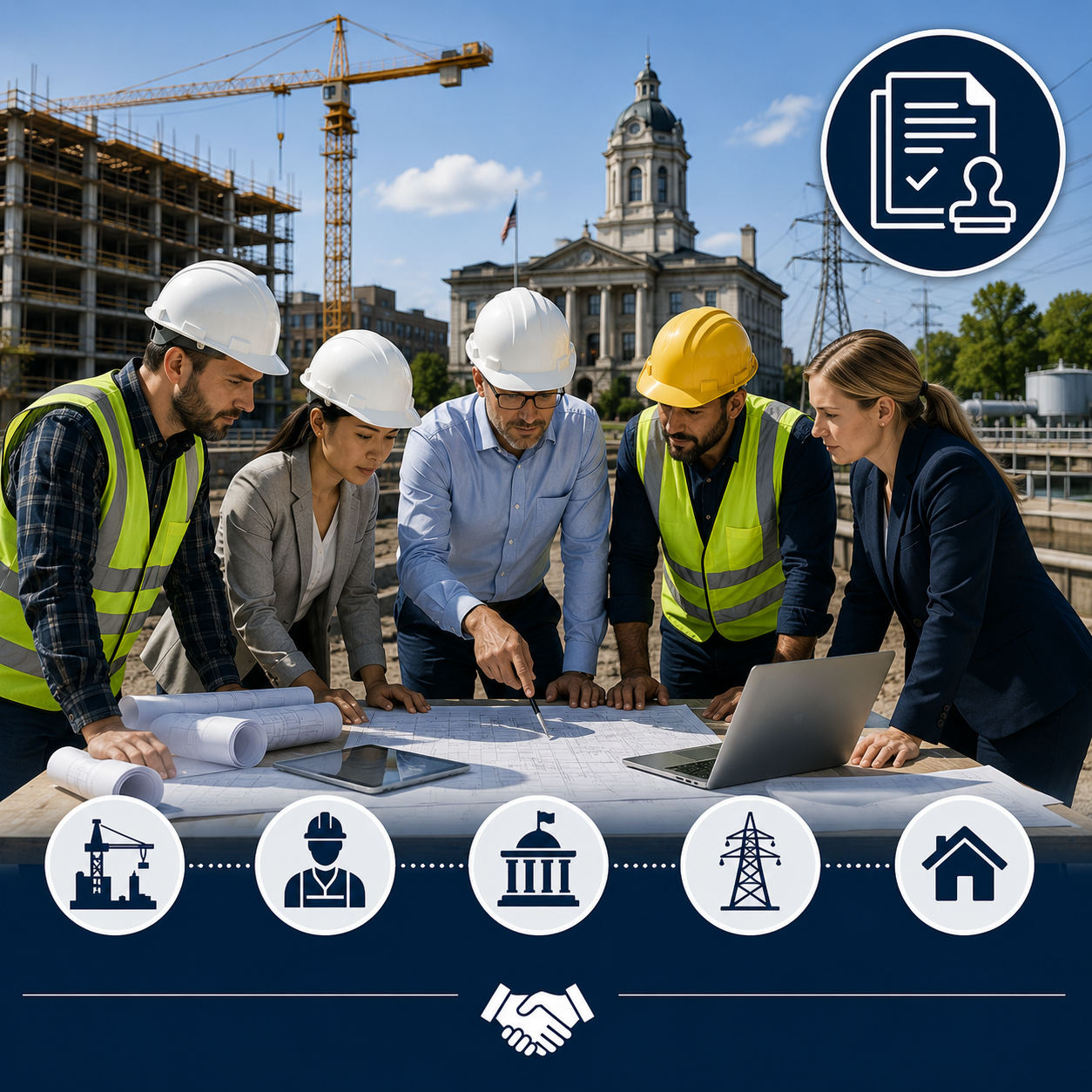 Group of engineers and construction workers in safety helmets and reflective vests reviewing blueprints at a construction site with a government building in the background, overlaid with icons representing construction, safety, government, energy, and housing.