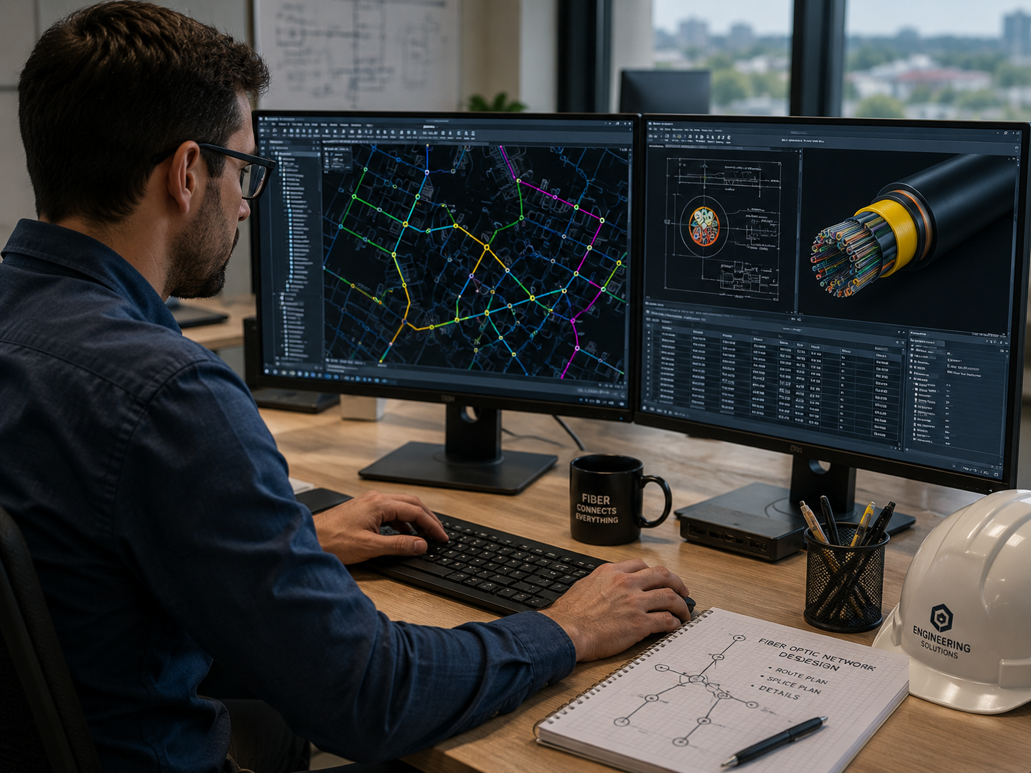 Engineer working at a desk with dual monitors showing fiber optic network designs, notes on fiber network planning, a mug labeled 'Fiber Connects Everything', a helmet labeled 'Engineering Solutions', and office windows in the background.