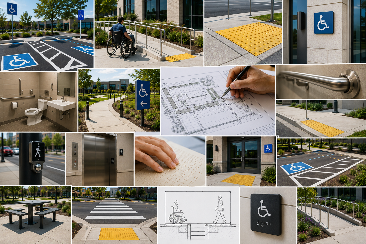 Images of accessible features at an outdoor commercial area, including parking spaces, ramps, tactile paving, bathroom, signage, elevator, and seating areas, with interior and exterior views showing accessibility adaptations.