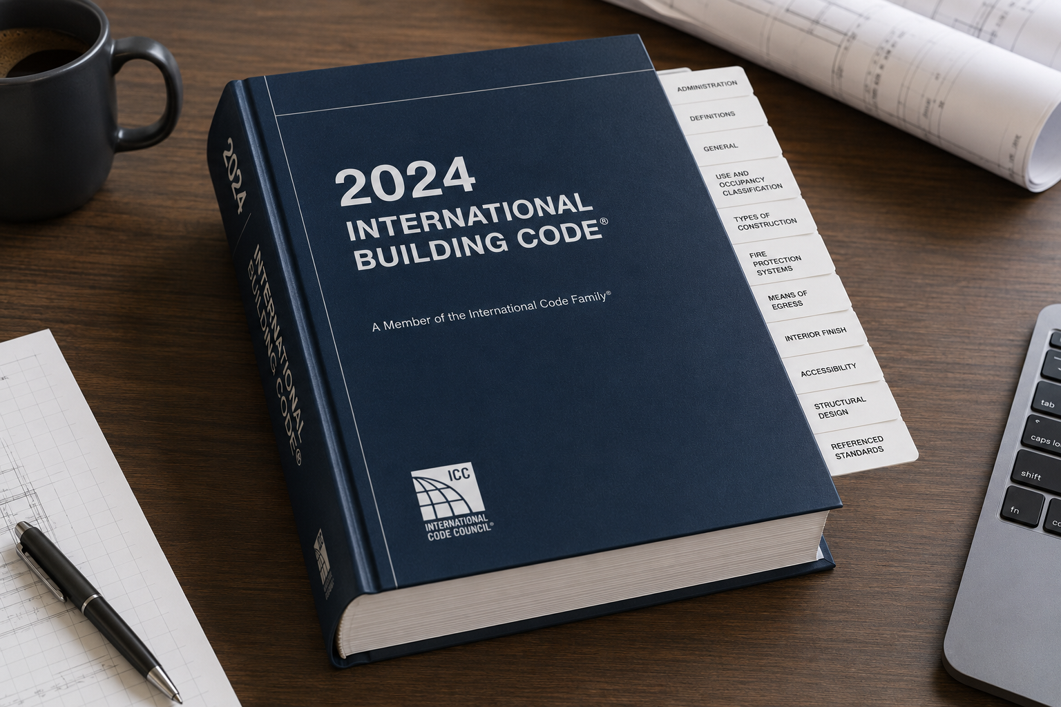 2024 International Building Code book on a wooden desk alongside a cup of coffee, architectural blueprints, a pen, and a partial view of a laptop.