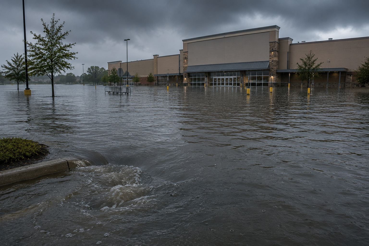 A shopping mall surrounded by floodwaters, with trees, benches, and light poles partially submerged under dark, stormy skies.