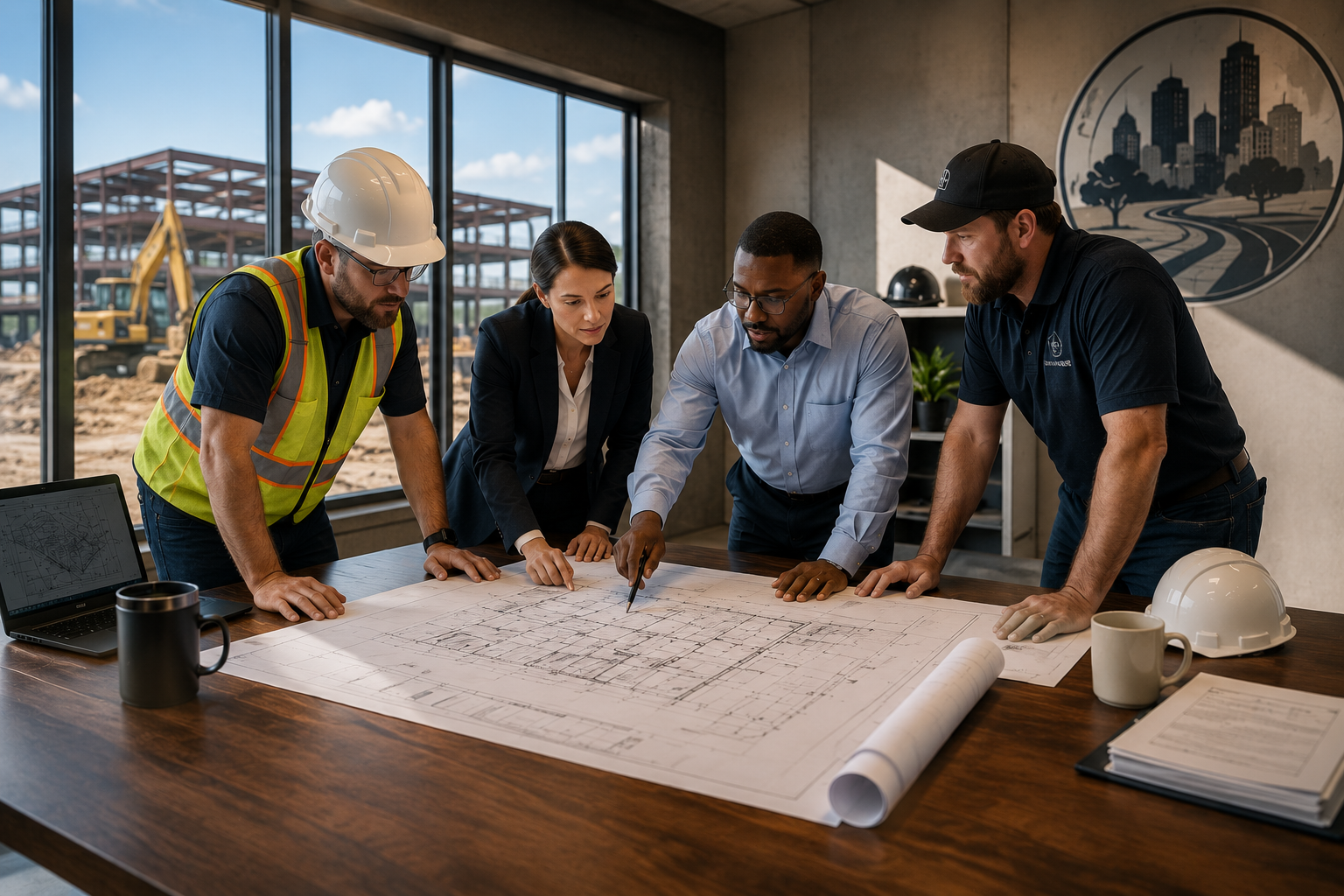 Four construction professionals reviewing blueprints at a construction site office with large windows, construction equipment outside, and city skyline mural inside.