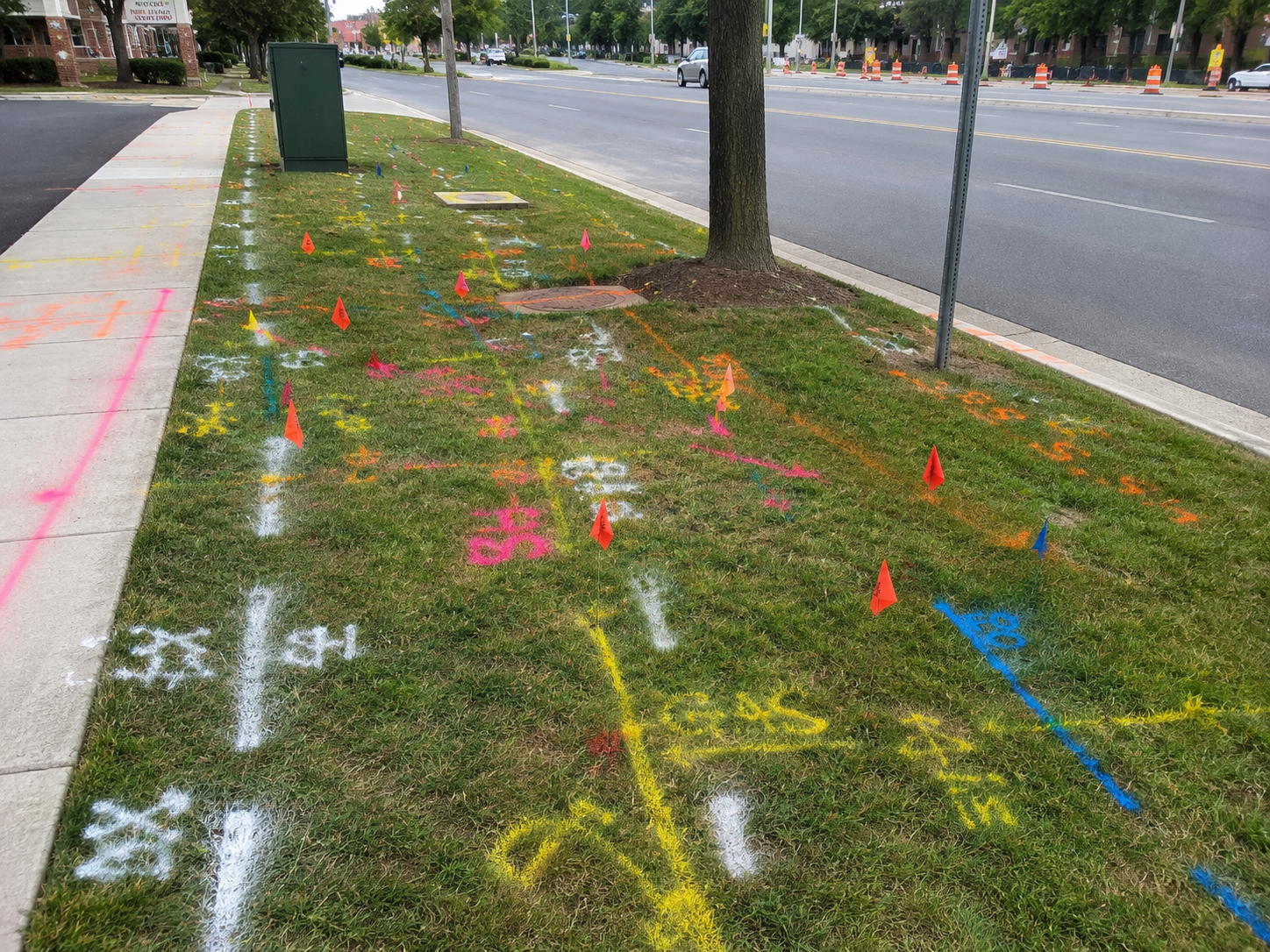 A grassy sidewalk with colorful chalk lines, markings, and small orange flags, alongside a tree and a street with traffic cones in the background.