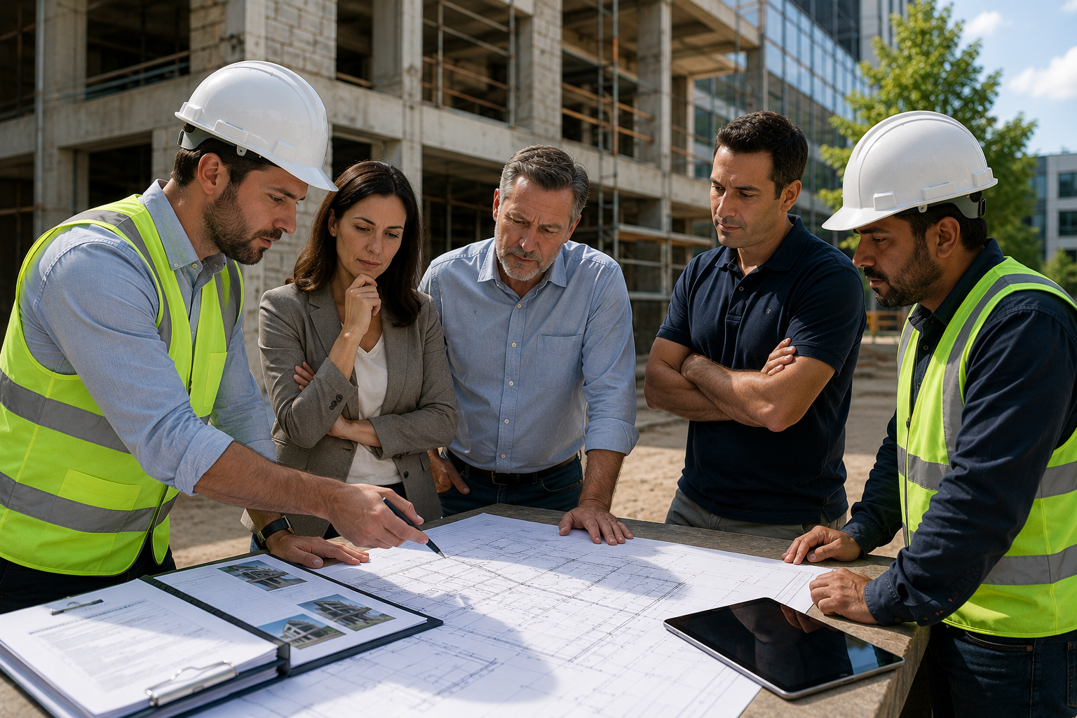 Group of construction professionals reviewing blueprints and plans at a construction site outside.