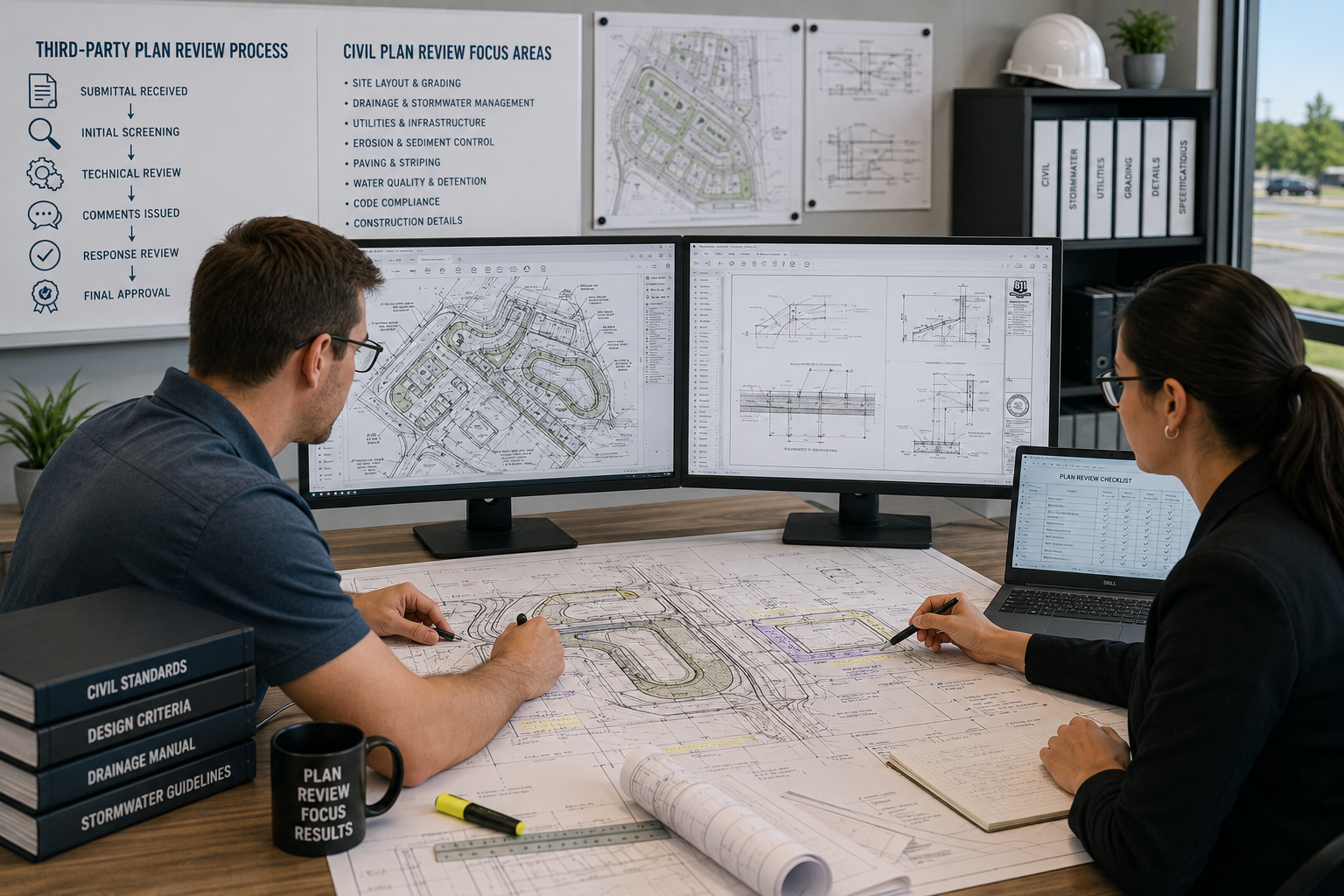 Two engineers working on landscape architectural plans at a desk in an office, with drawings, monitors, and reference books, while reviewing civil engineering designs.