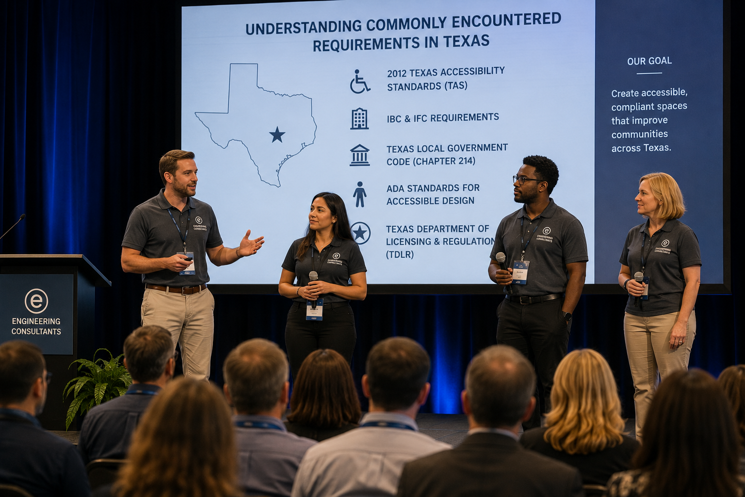 Four people standing on stage presenting at a conference with a slide behind them titled "Understanding Commonly Encountered Requirements in Texas". The slide features an outline of Texas, a star in the middle, and a list of standards related to accessibility and regulations. The audience is seated and watching them.