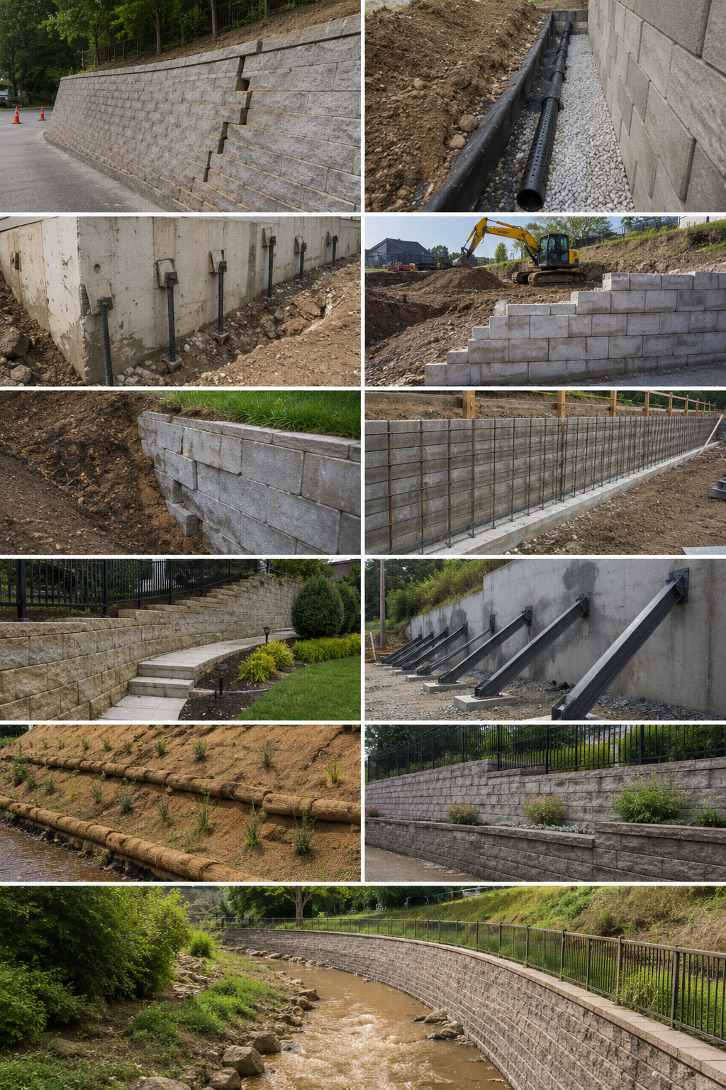 Series of images showing different stages of construction of retaining walls, including stone, concrete, and metal reinforced walls, along with landscaping and drainage features.