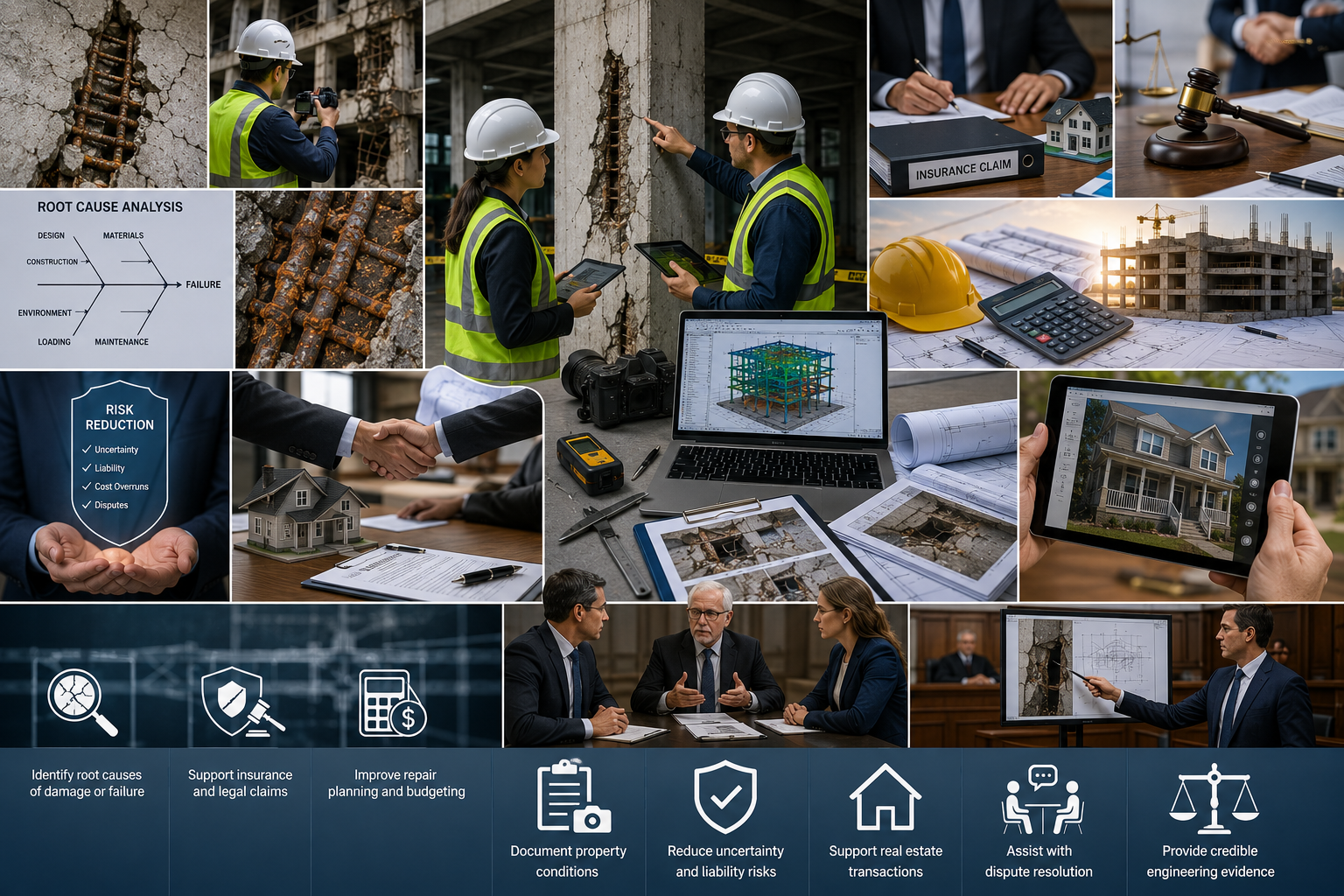 Compilation of images showing construction site inspections, architectural plans, legal discussions, and digital renderings of buildings, related to construction consulting, engineering, and legal services.