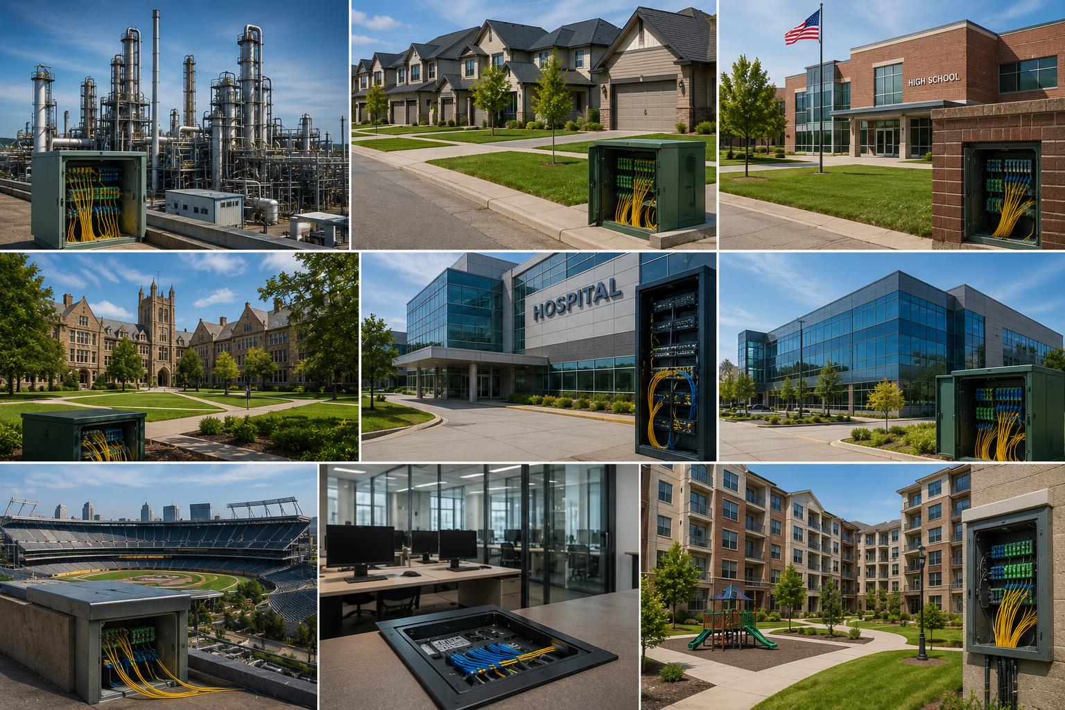 Various outdoor scenes with fiber optic cable distribution boxes in different locations including industrial plant, residential neighborhood, high school, hospital, stadium, apartment complex, and park, with some images showing interior technology rooms or fiber optic panels.