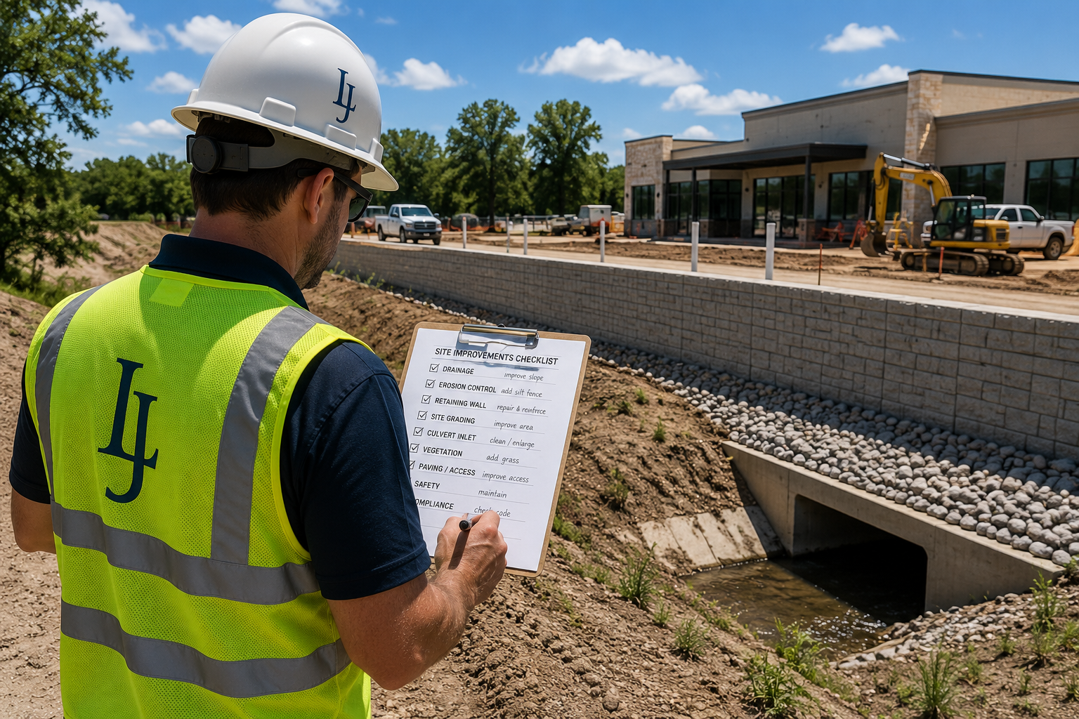 Construction worker wearing a yellow safety vest and white hard hat reviews a site improvements checklist at a construction site with a building, construction equipment, trucks, and blue sky in the background.