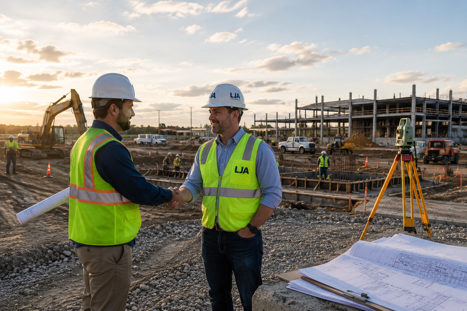 Two construction workers shaking hands on a construction site at sunset, with several workers, machinery, and a building under construction in the background.