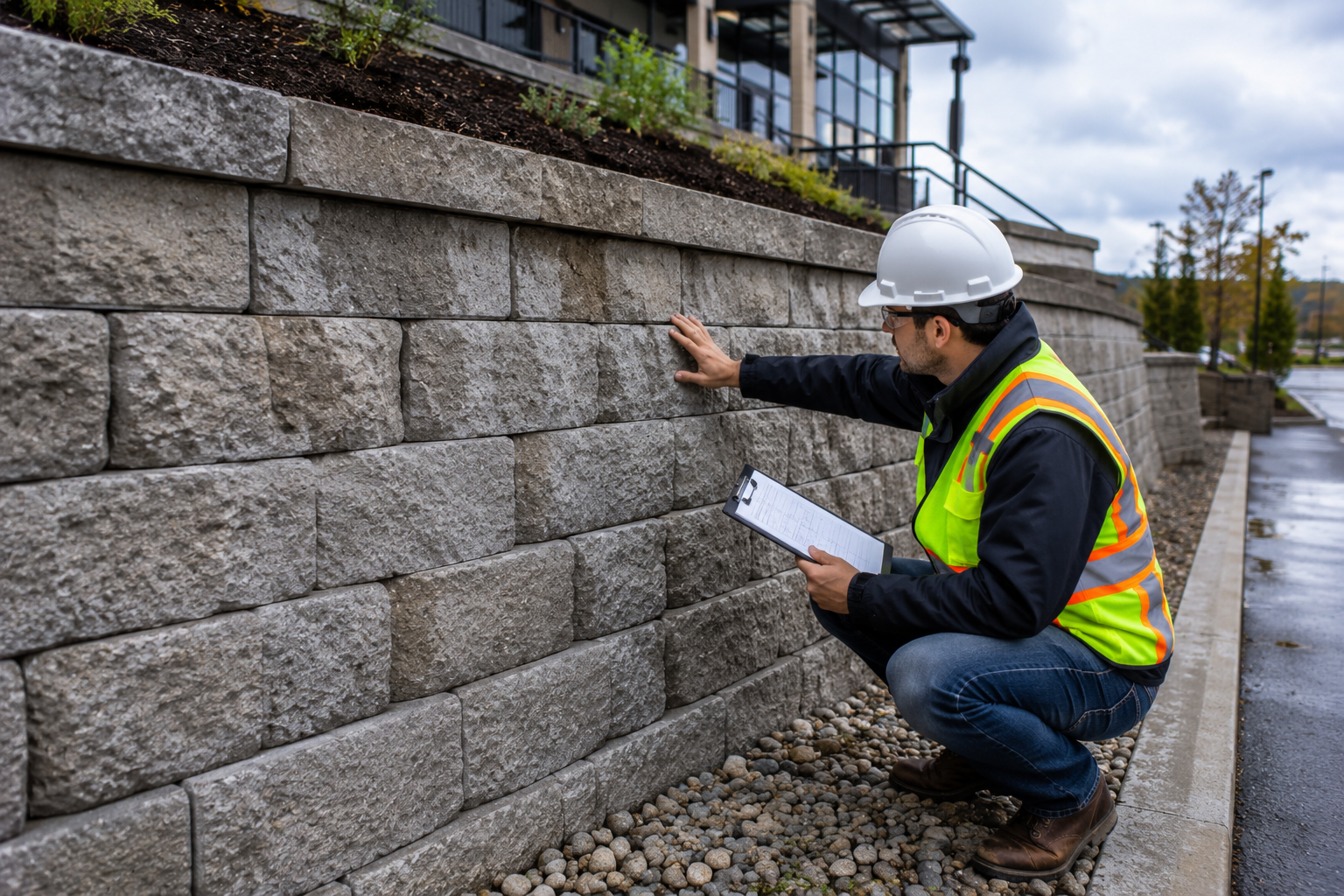 A construction worker wearing a white hard hat, yellow safety vest, and glasses kneeling beside a stone retaining wall, inspecting the wall with one hand and holding a clipboard in the other.