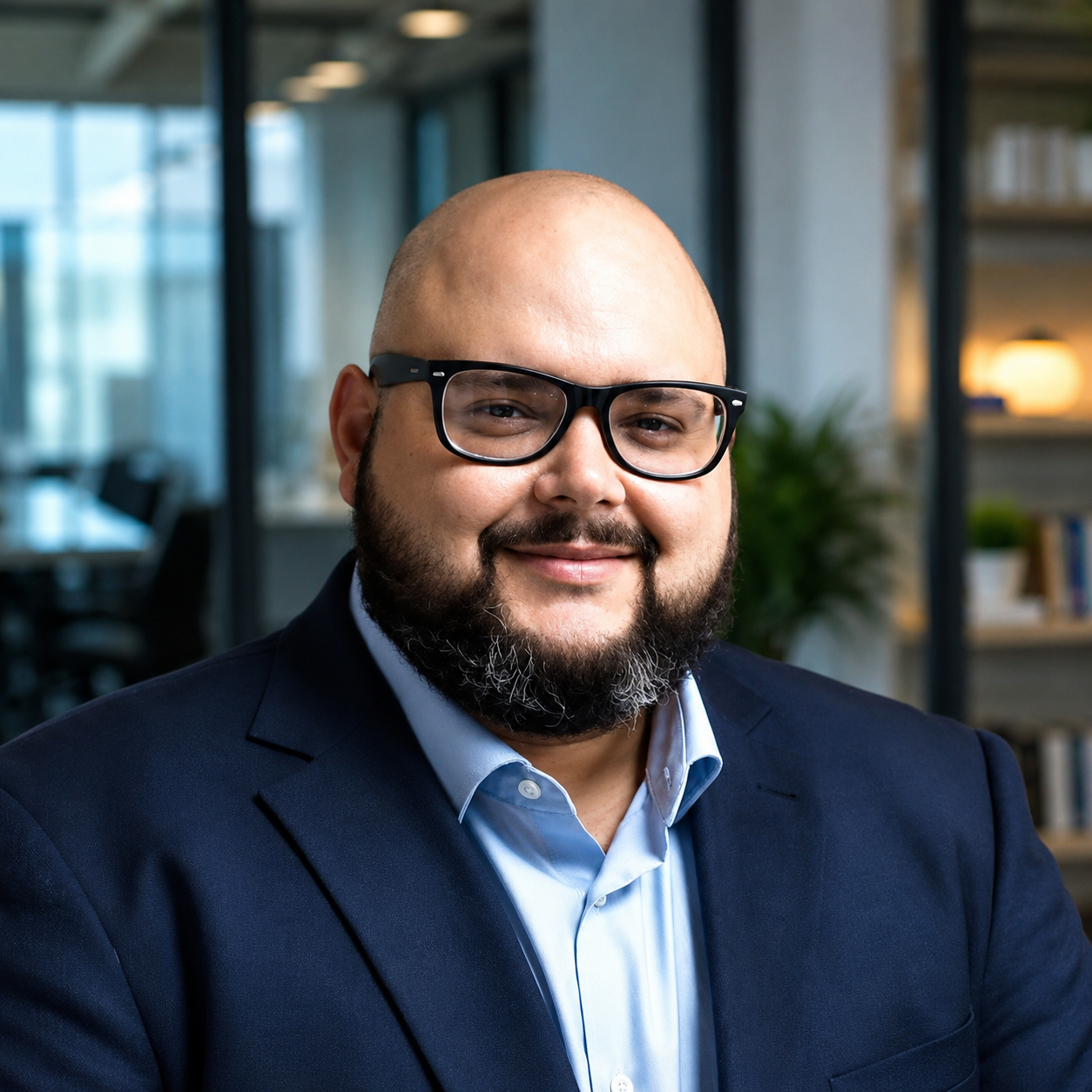 A bald man with glasses and a beard smiling, wearing a suit and light blue shirt, in an office setting with bookshelves and plants in the background.