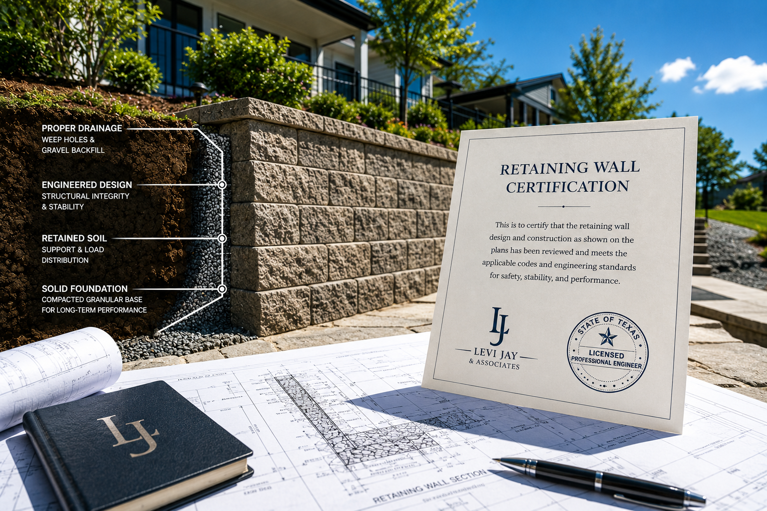 Certification letter titled "Retaining Wall Certification" placed on architectural blueprints and a black notebook with initials "LJ" on a table set outdoors in front of a stone retaining wall and landscaped garden under a blue sky.