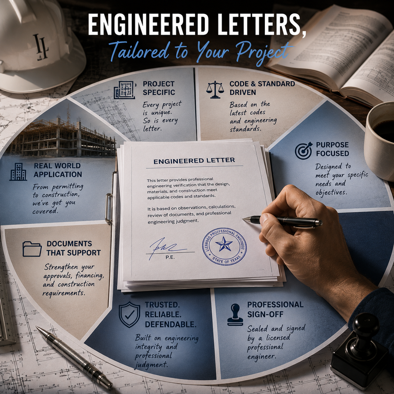 A hand signing an engineered letter on a stack of similar documents, surrounded by an informational diagram about engineering project letters, with items like a hard hat, coffee mug, pen, and a thumbtack nearby.