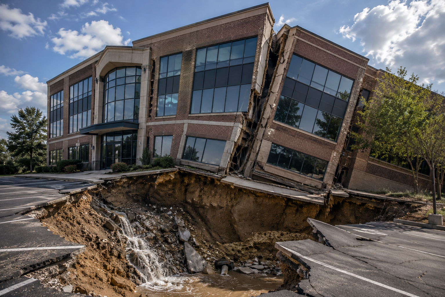 A large office building with broken and collapsed foundation, causing the upper floors to tilt and sink into a giant sinkhole in the parking lot, with water and rubble flowing into the hole, under a partly cloudy sky.