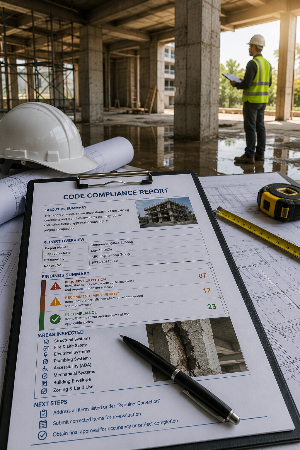 Construction site with a compliance report on a clipboard, a white safety helmet, a measuring tape, and blueprints, with a worker in a yellow vest and hard hat reviewing plans in the background.