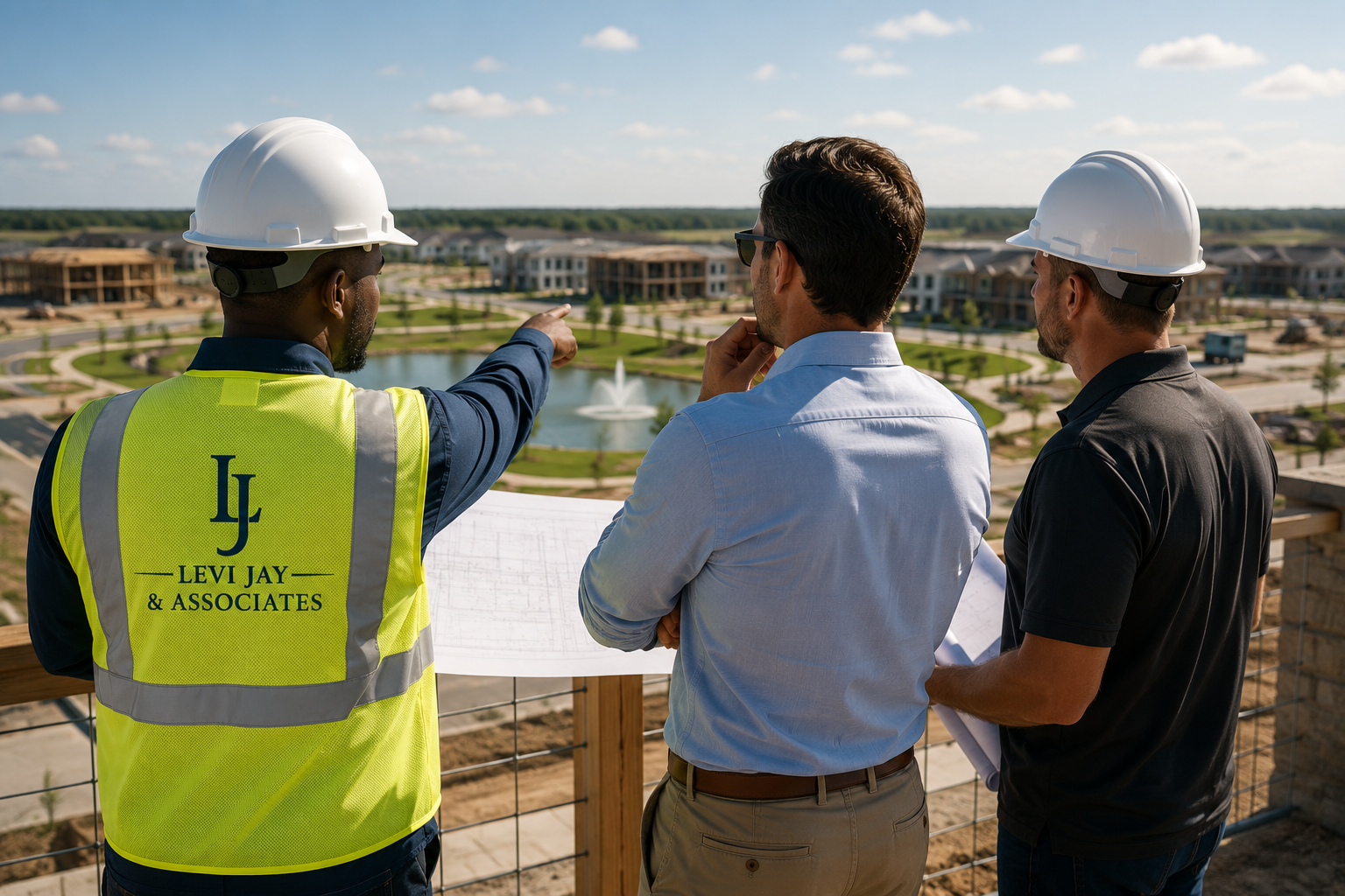 Three construction professionals standing on a rooftop, overlooking a residential neighborhood, with one person pointing towards the houses while holding blueprints.