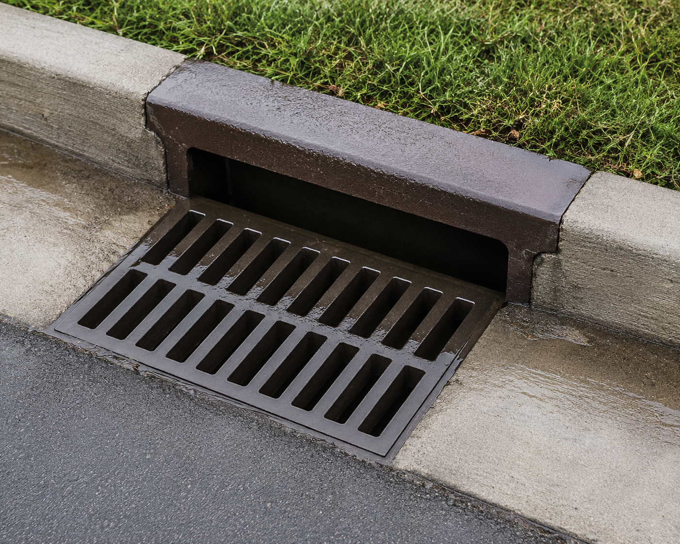 Close-up of a car storm drain on a paved street, with curb and grass in the background.