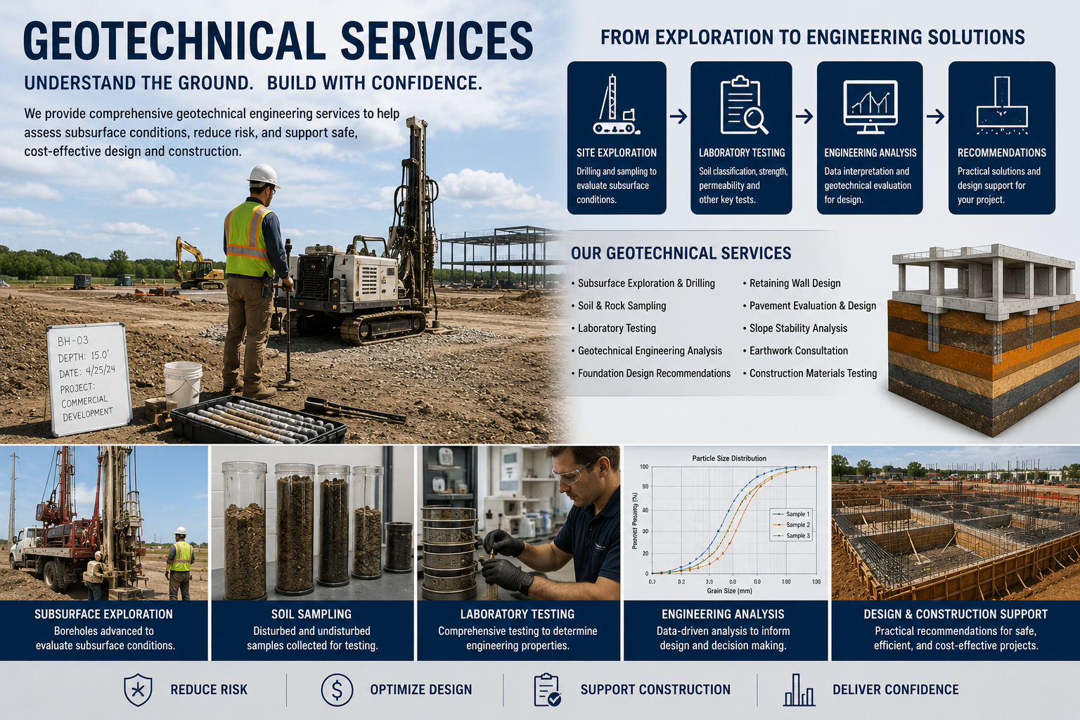 A banner for geotechnical engineering services featuring images of site exploration, soil sampling, laboratory testing, and construction support. It includes a photo of a worker operating machinery at a construction site, charts, and diagrams explaining different processes.
