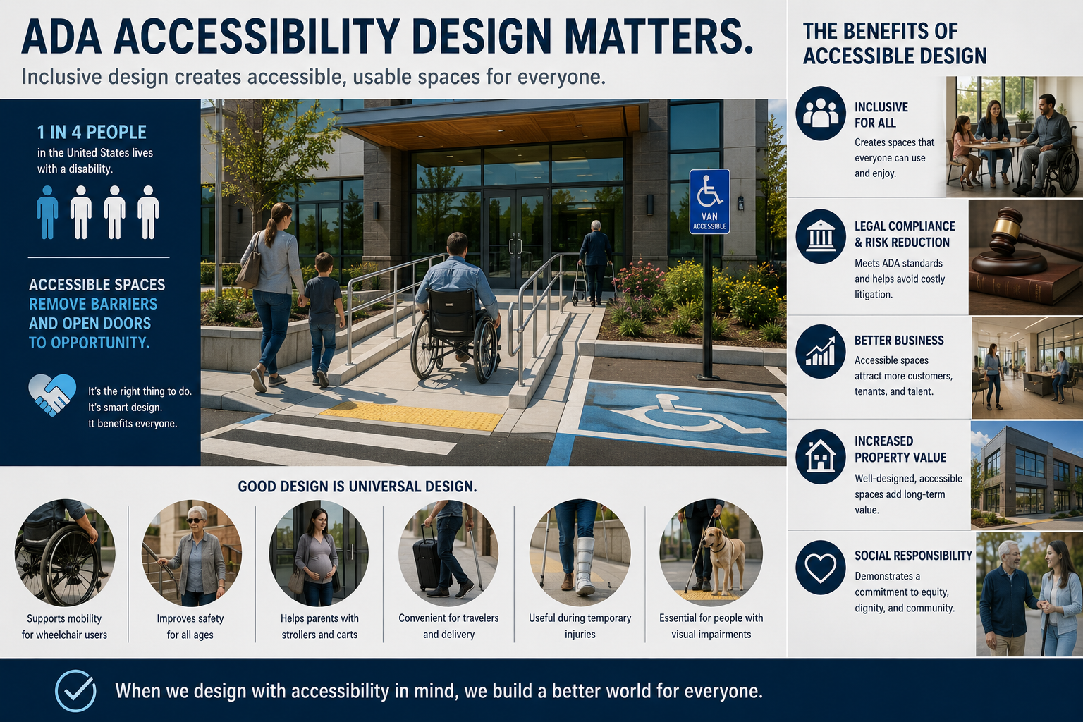 An infographic highlighting the importance of ADA accessibility in architectural design. Features a central photo of building entrance with wheelchair accessible ramp, people including a person in a wheelchair, and a designated accessible parking space. Text emphasizes inclusive spaces, legal compliance, business benefits, and property value. Smaller images illustrate universal design features like wheelchair mobility, safety for all ages, assistance for parents, travelers, and visually impaired individuals.