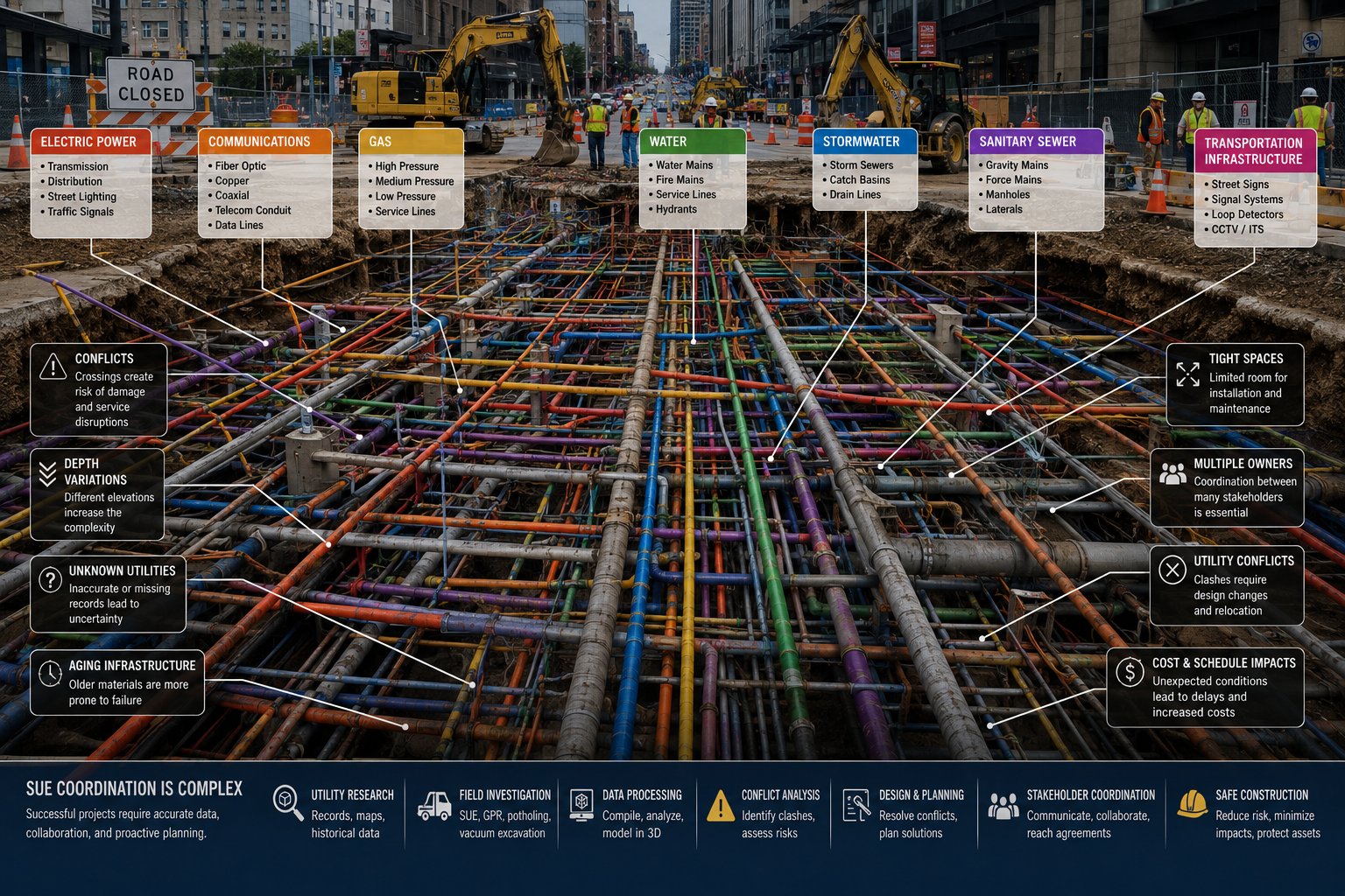 Construction site with multiple workers and heavy machinery installing and managing utility infrastructure, including pipes and cables for power, communications, gas, water, stormwater, sanitary sewer, and transportation infrastructure, with various safety and conflict warnings.